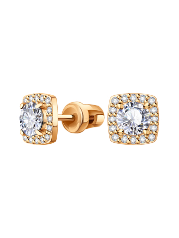 Серьги пусеты золотые 585 квадратные с камнями фианитами