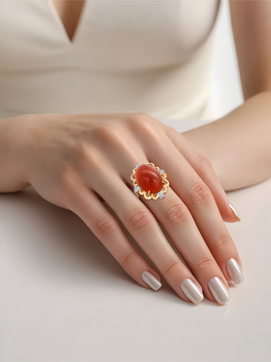 Кольцо из золота 585 с агатом и бриллиантами | 9101303-42960