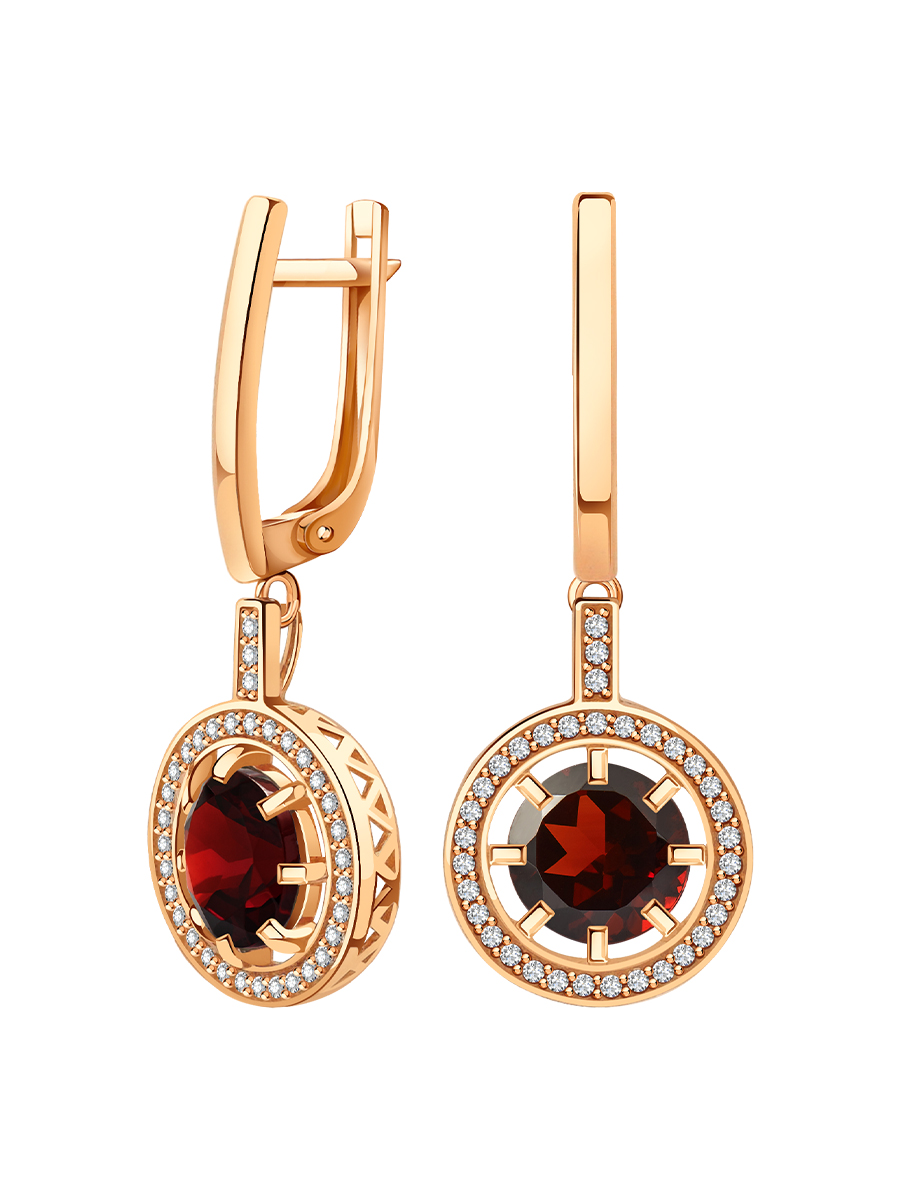 Серьги подвески золотые 585 с гранатами и фианитами  | 2101196-00320