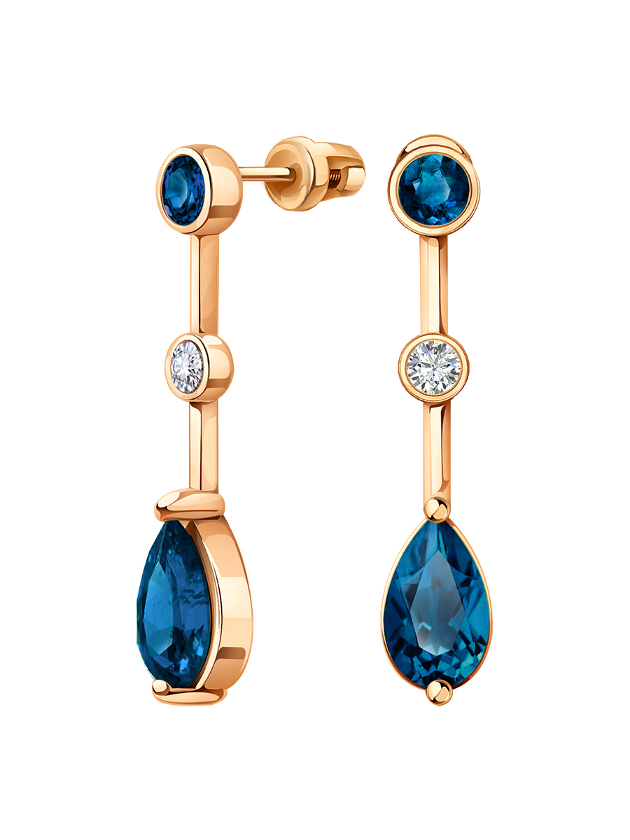 Серьги пусеты длинные золотые 585 с сапфирами и бриллиантами  | 6100259-10050