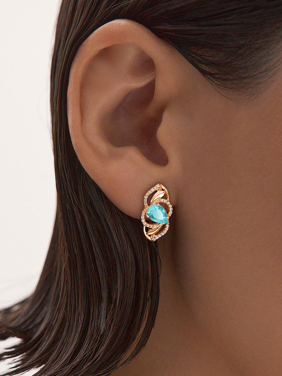 Серьги золотые 585 с голубыми топазами и фианитами  | 2100980-00720