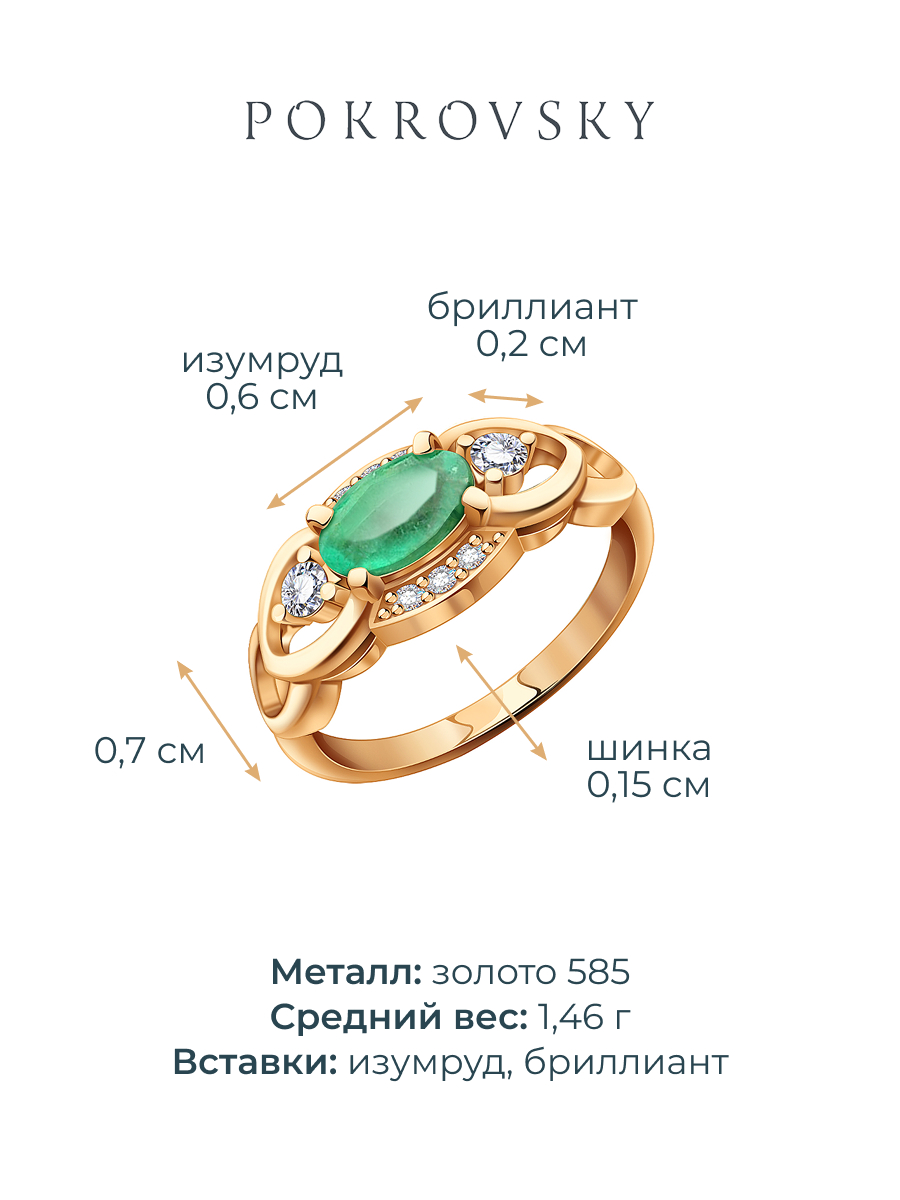 Кольцо золотое 585 с изумрудом и бриллиантами  | 1101278-10060