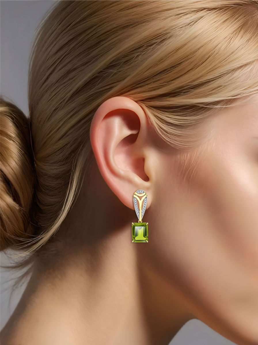Серьги из жёлтого золота 585 с хризолитом и бриллиантами | 9201289-05891