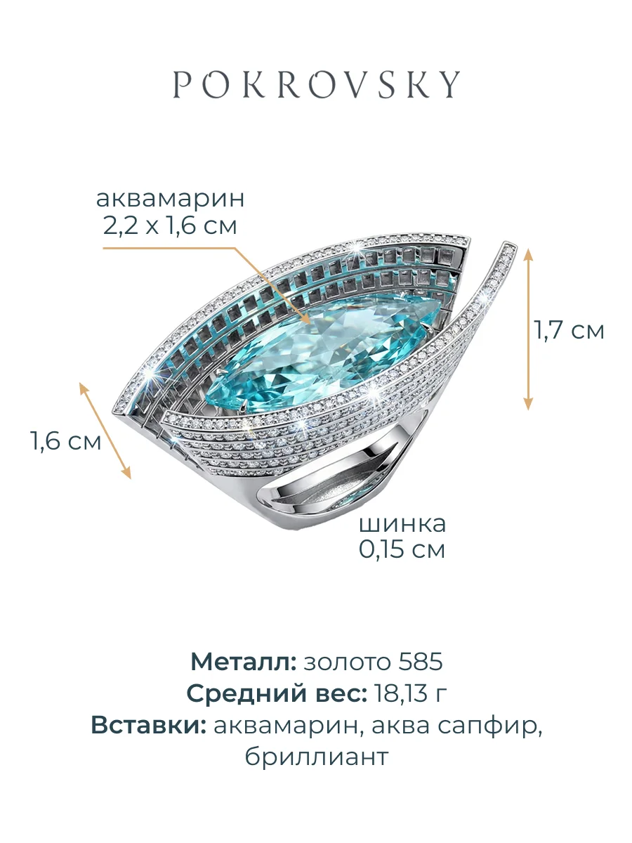 Кольцо из белого золота 585 с аквамарином сапфирами и бриллиантами  | 9101405-01912