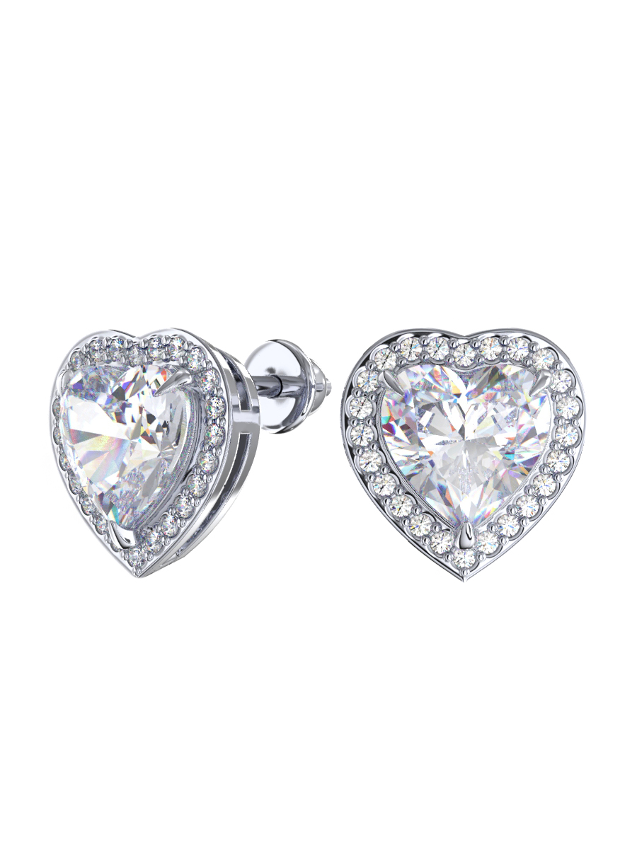 Серьги гвоздики сердечки из серебра 925 с фианитами | 6101666-00775