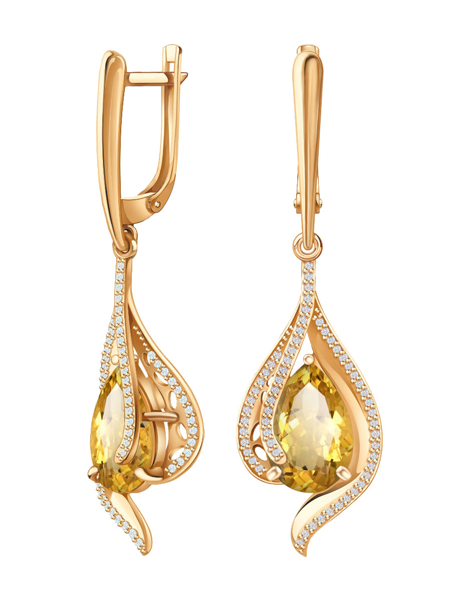 Серьги длинные из золота 585 с цитрином и фианитами | 2101257-00950