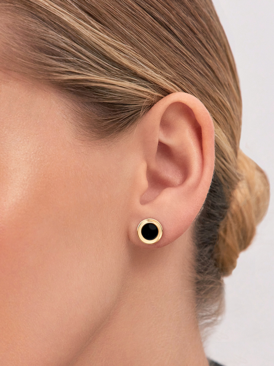 Серьги пусеты золотые 585 с черным агатом  | 6001838-00180