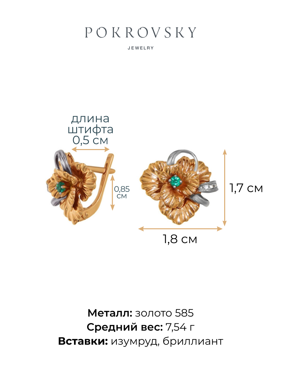 Серьги цветы золотые 585 с изумрудами и бриллиантами | 2100252-00060