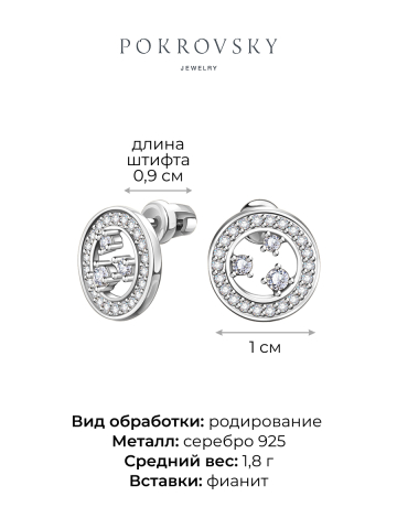 Серьги пусеты серебряные 925 с фианитами