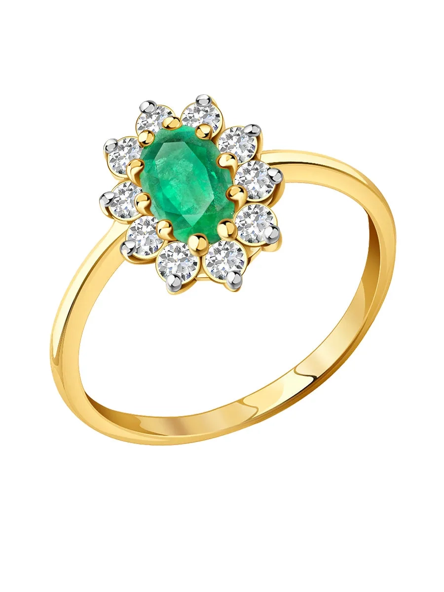 Кольцо цветок золотое 585 с изумрудом и бриллиантами | 1100258-00061