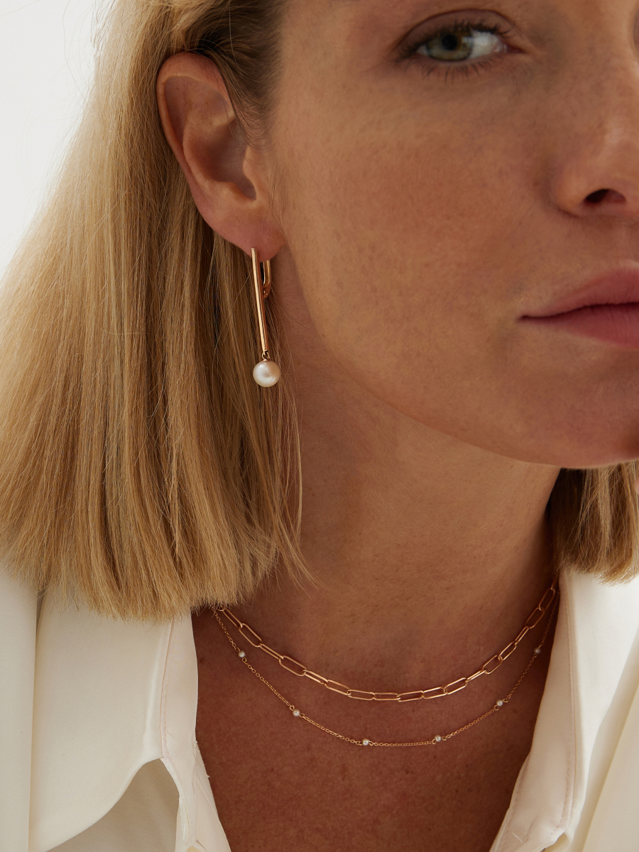 Серьги длинные золотые 585 с белым жемчугом  | 2101110-00360