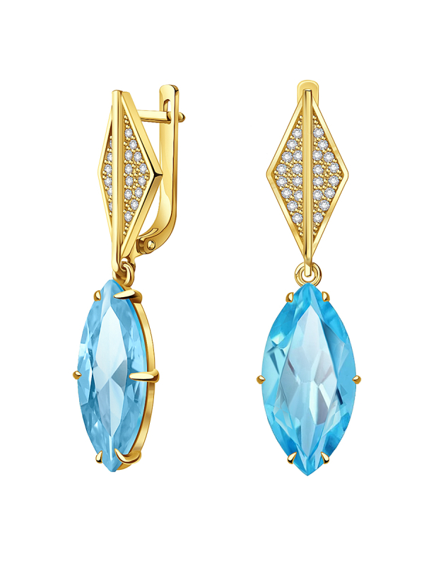 Серьги подвески золотые 585 с аквамарином и бриллиантами