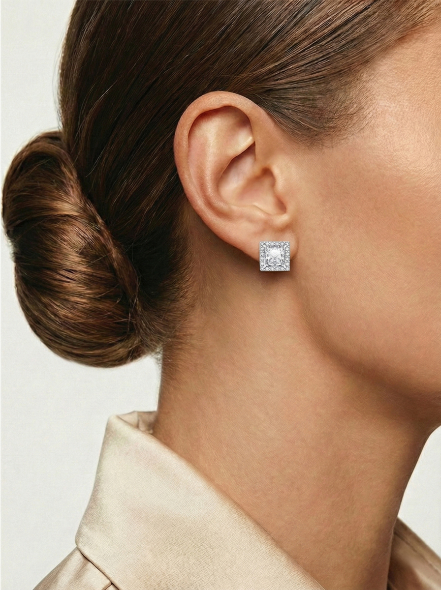 Серьги пусеты из белого золота 585 с муассанитами и фианитами  | 6002185-05962