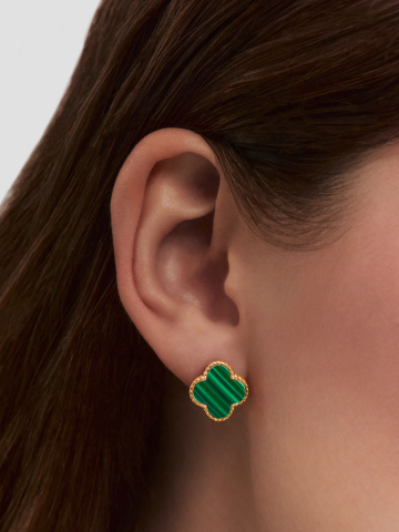 Серьги клевер золотые 585 с зеленым малахитом 