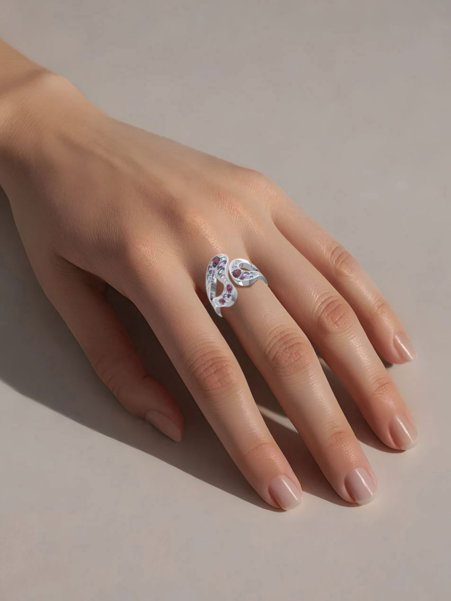 Кольцо из белого золота 585 с миксом камней | 9101027-05502