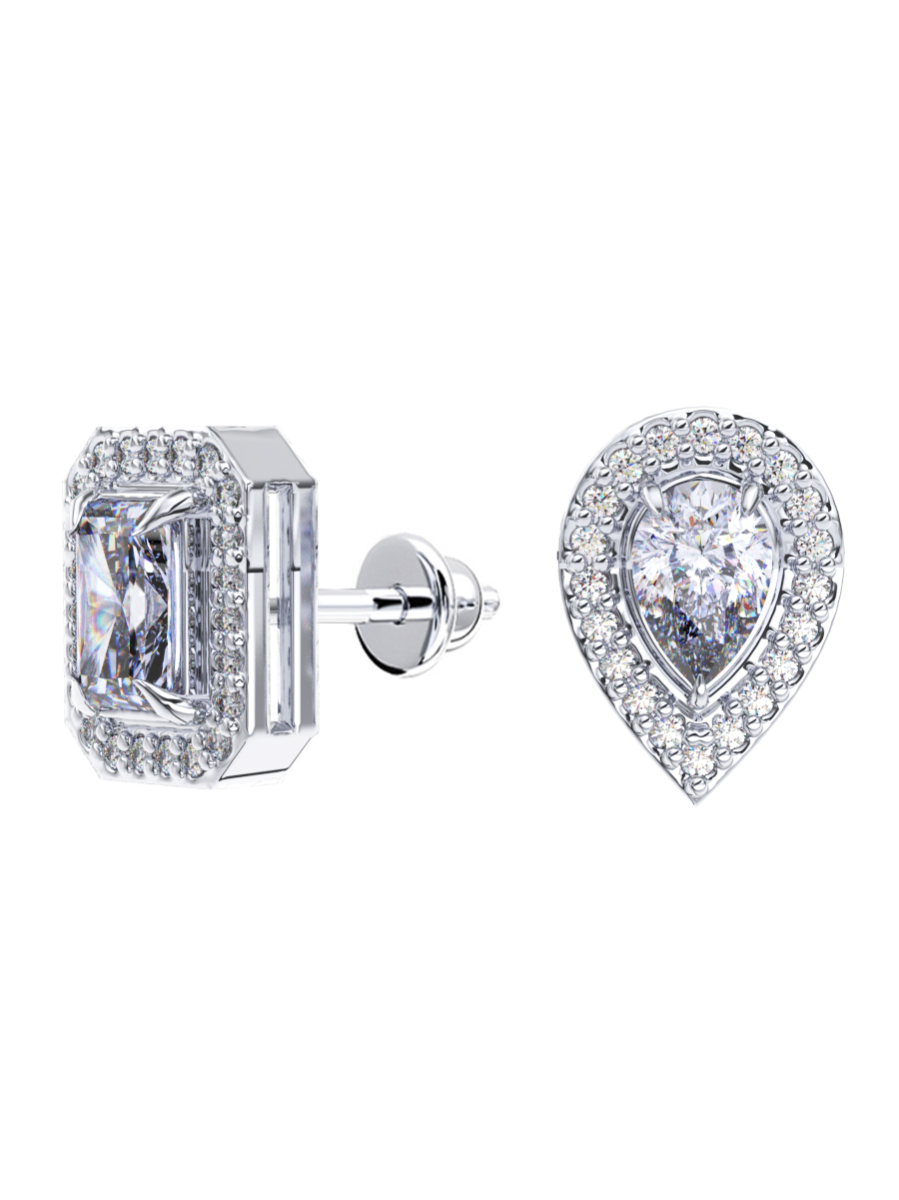 Серьги гвоздики асимметрия из серебра 925 с фианитами | 6002196-00775
