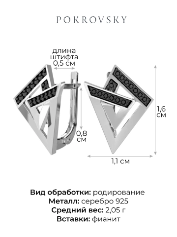 Серьги серебряные 925 с черными фианитами