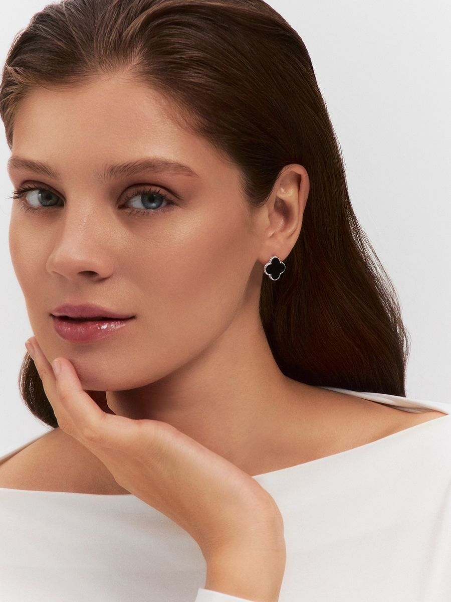 Серьги серебряные 925 клевер с черным агатом | 0201785-00185