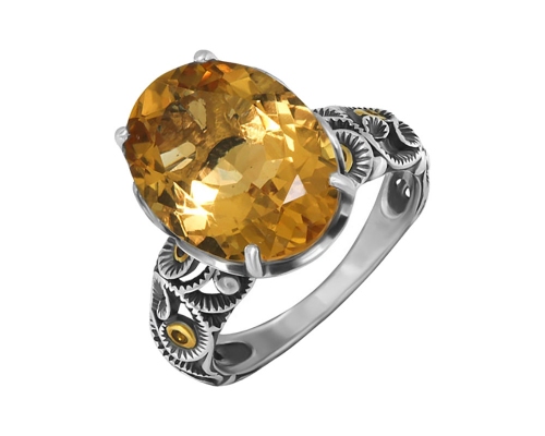 Серебряное кольцо , фианитами, цитрином и чернением
